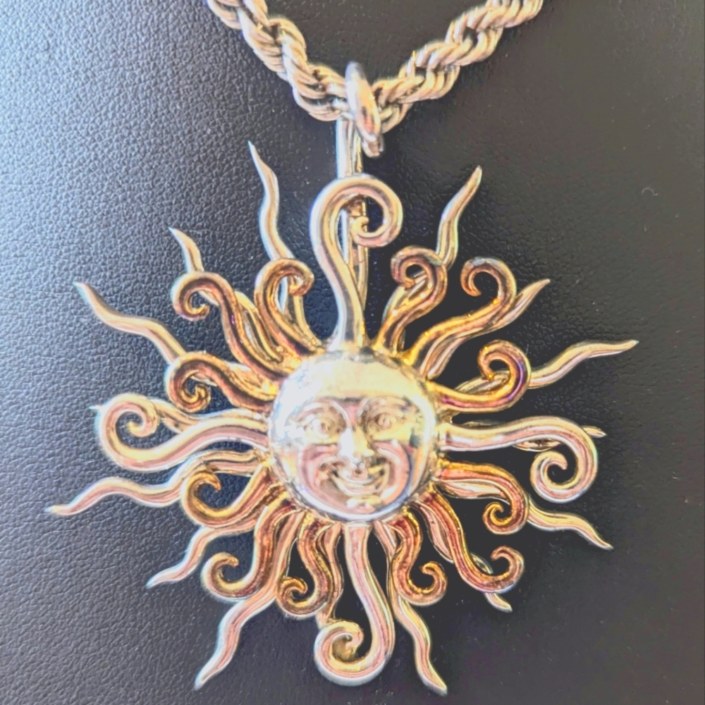 Mexican Silver Sergio Bustamante Sterling Silver & Brass Sun Pendant Necklace